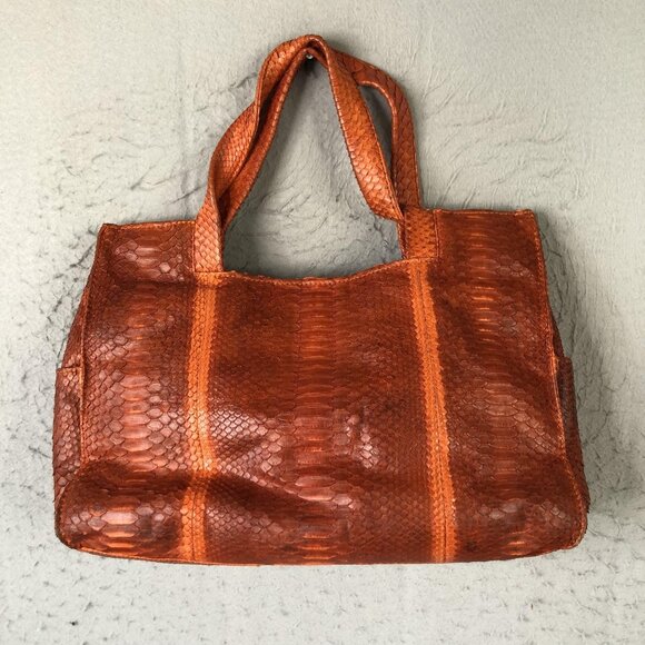 Tote Bag Womens Orange Python Snakeskin Leather Large Shoulder Handbag - Picture 2 of 16